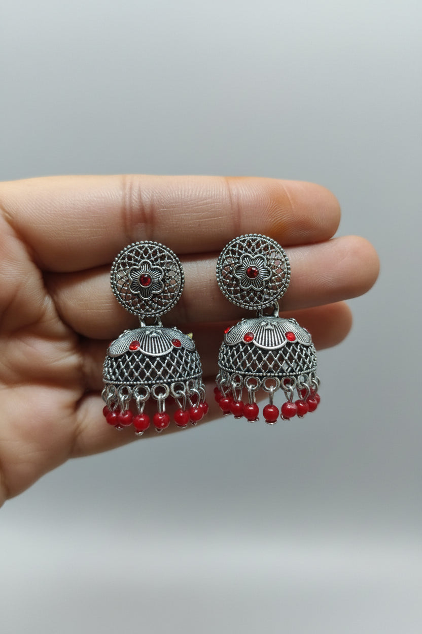 RED ROUND SILVER JHUMKI
