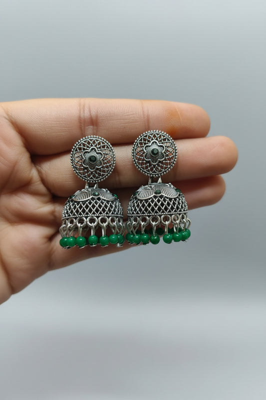 GREEN ROUND SILVER JHUMKI