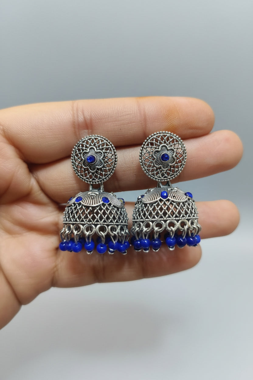 DARK BLUE ROUND SILVER JHUMKI