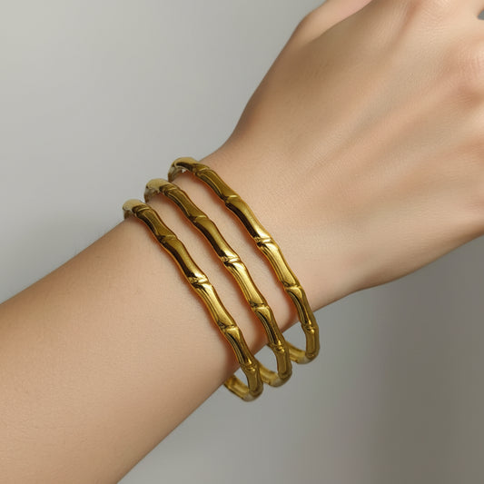 Gold Plated Triple Layer Bamboo Cuff Bracelet for Women | Adjustable Open Bangle | Trendy Minimal Statement Jewellery