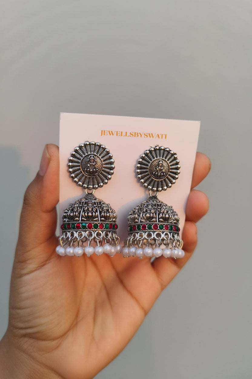 TEMPLE MAHALAXMI SILVER OXIDISED JHUMKI