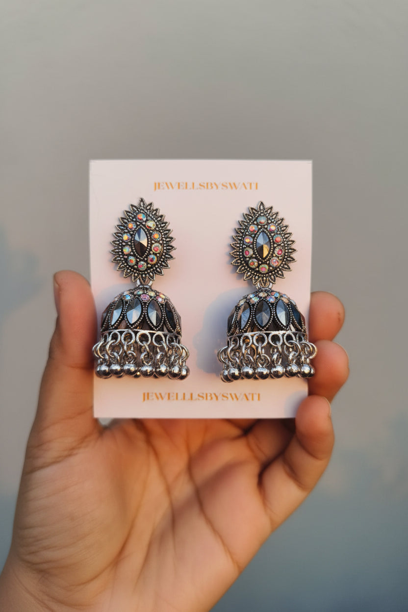 SILVER OXIDISED JHUMKI BLACK STONES