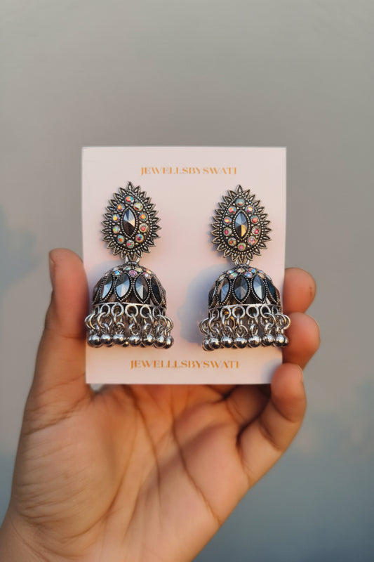 SILVER OXIDISED JHUMKI BLACK STONES