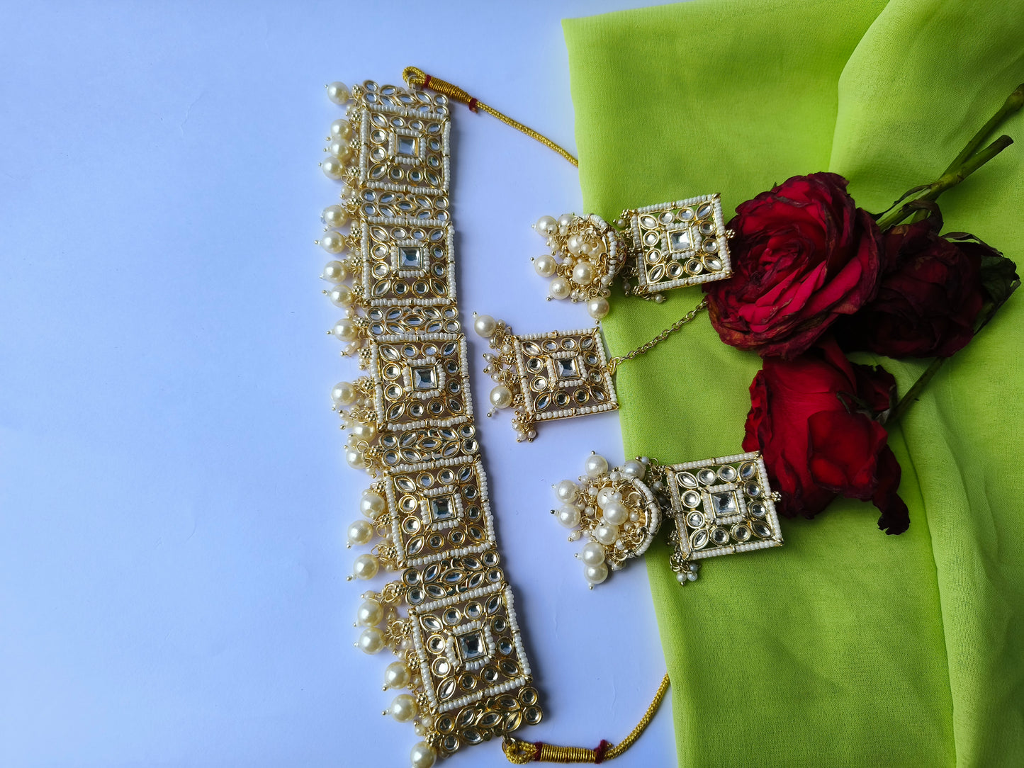 Traditional Square Kundan Choker Necklace Set with Pearl Drops & Matching Jhumka and Mangtika
