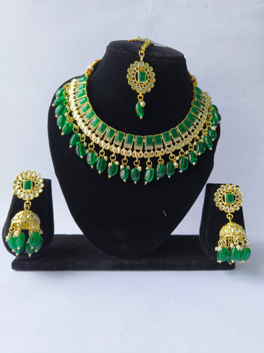 Royal Green Beads & Kundan Choker Necklace Set with Matching Jhumka & Earrings