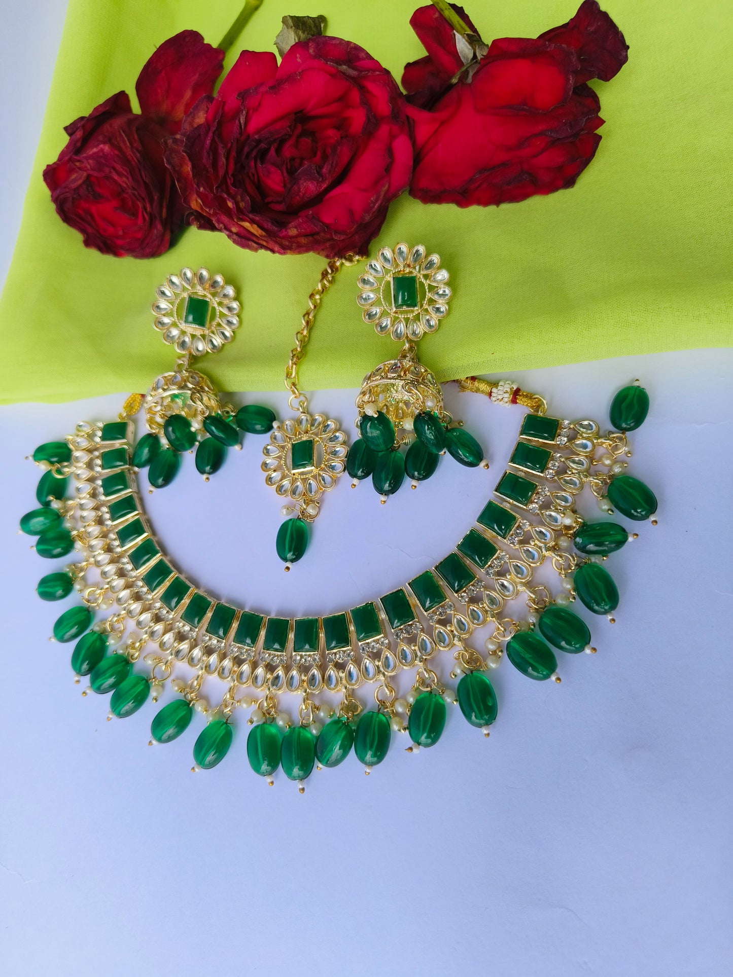 Royal Green Beads & Kundan Choker Necklace Set with Matching Jhumka & Earrings