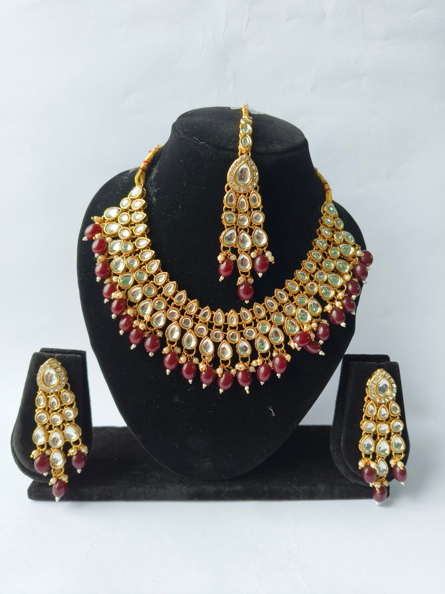 Maroon Beads & Kundan Stone Necklace With Earrings & Mangtika – Festive Ethnic Jewellery