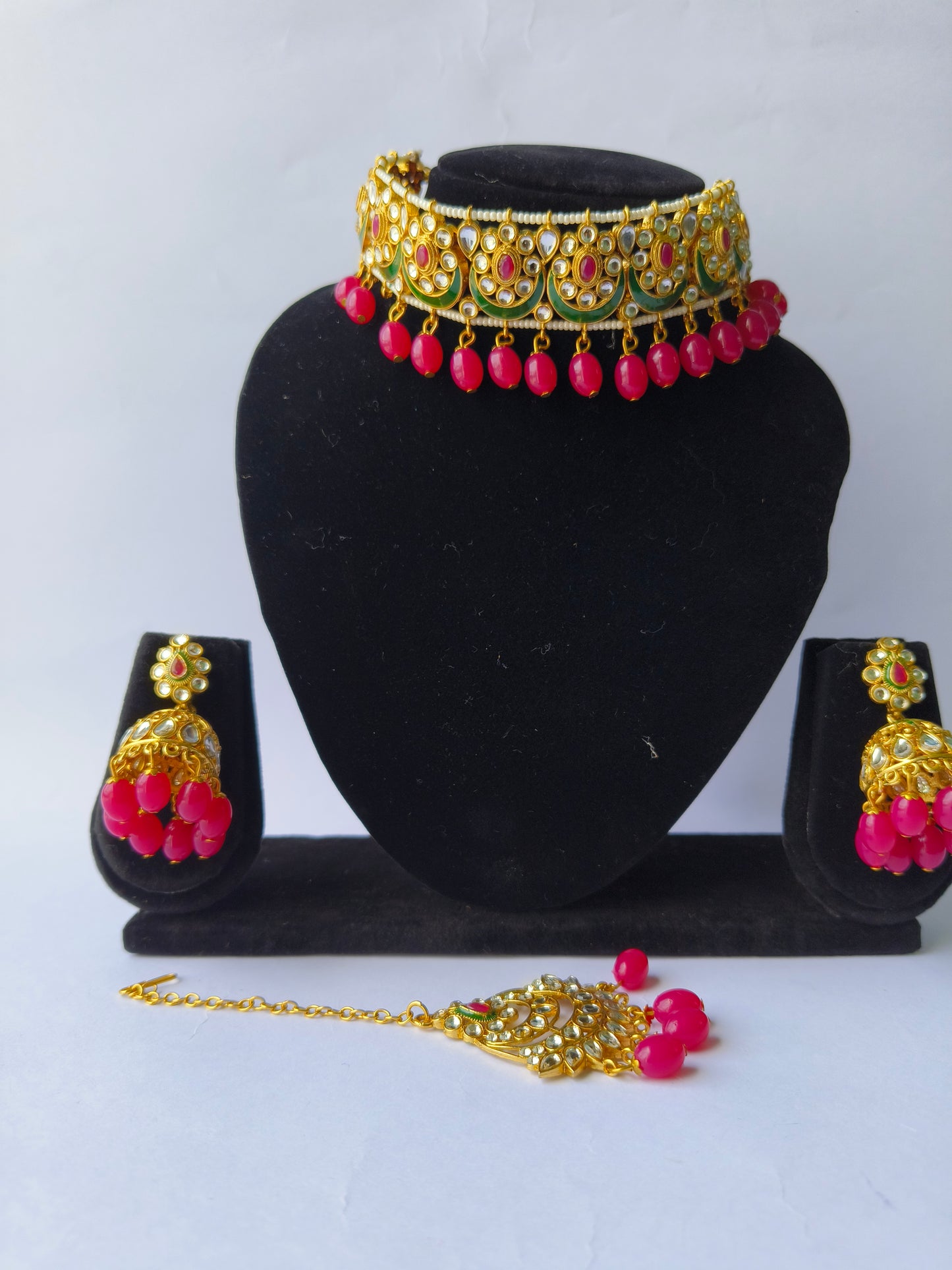 Pink Meenakari Necklace Set with Jhumki & Maangtika – Traditional Bridal Jewellery