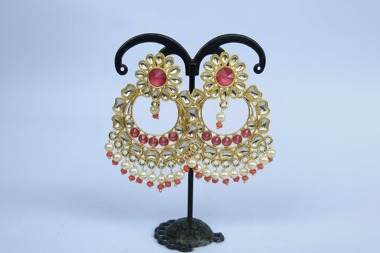 Pink Kundan Chandbali Earrings