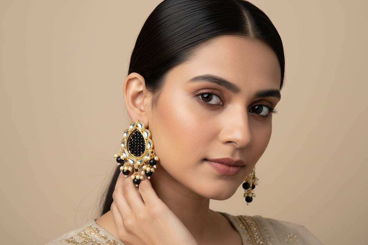 Black Beaded Kundan Teardrop Earrings