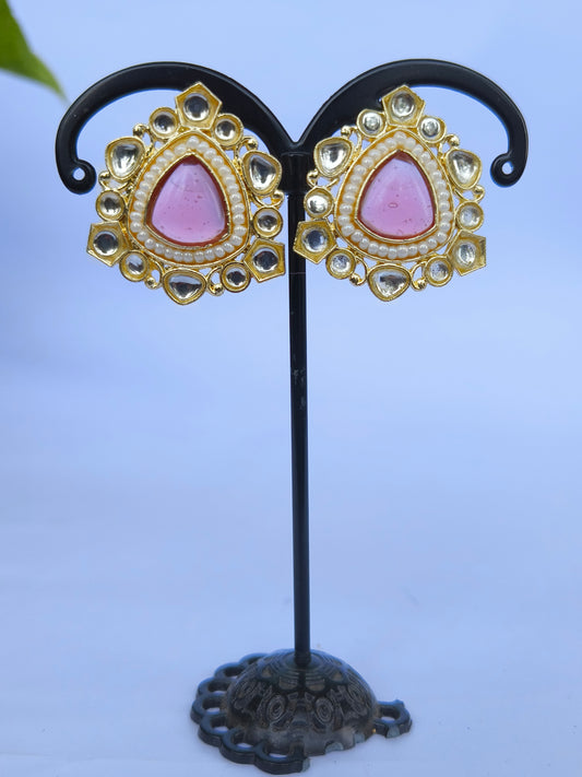 Sheer Pink Kundan LEAF Stud Earrings