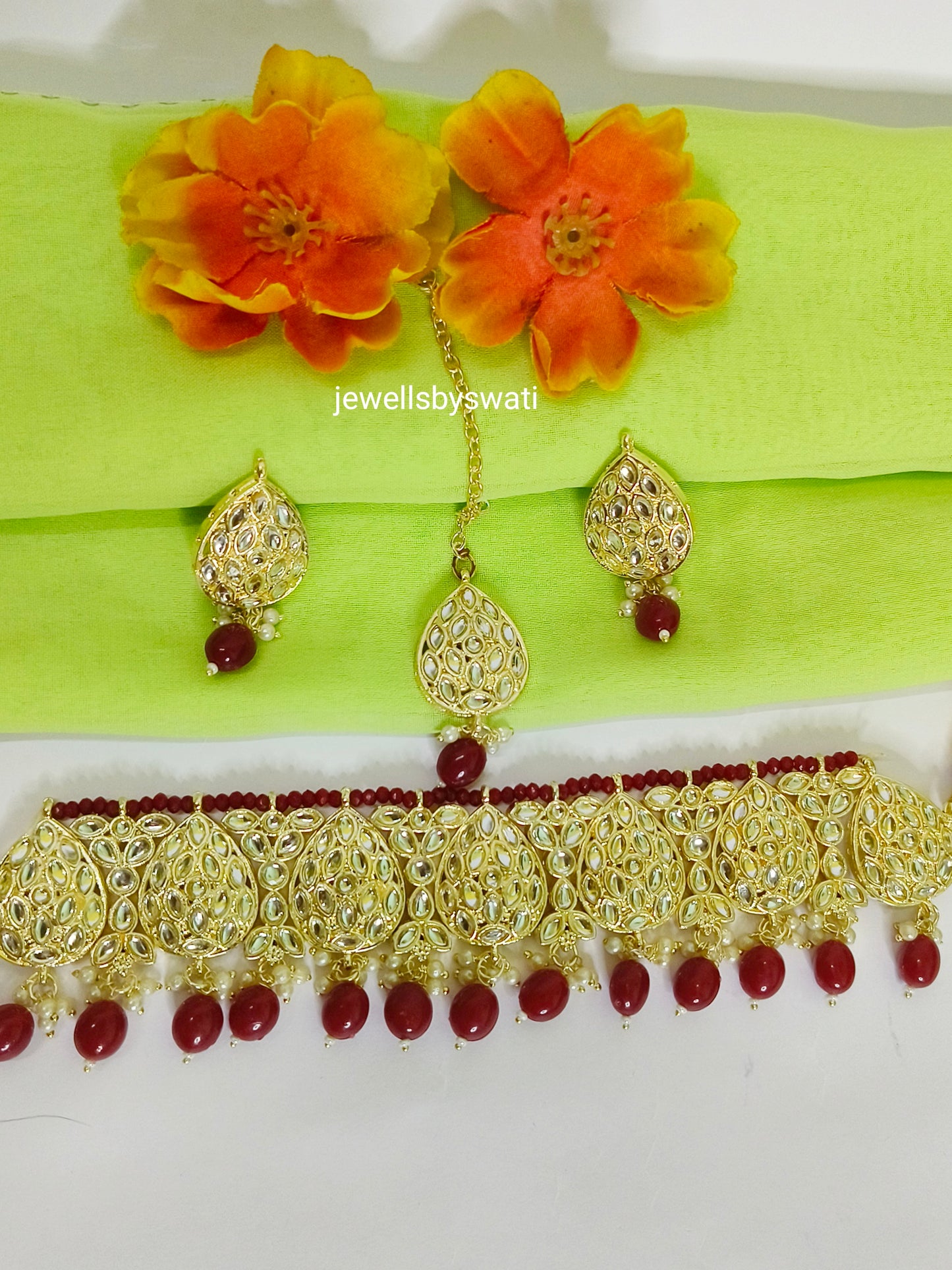 Maroon Kundan Choker Set with Earrings & Maangtika – Bridal & Festive Jewellery