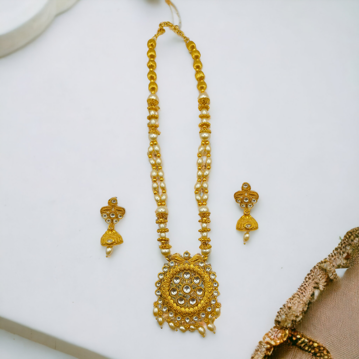 Golden Kundan Pearl Beaded Necklace Set