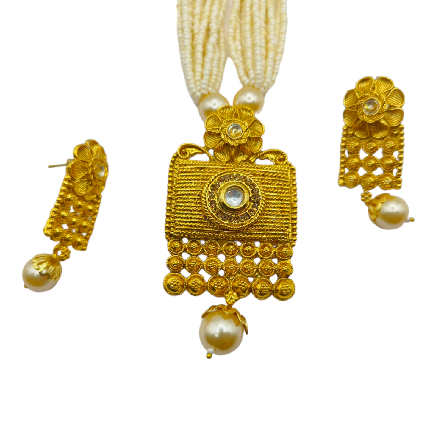 Golden Square Pendant Pearl Beaded Necklace Set