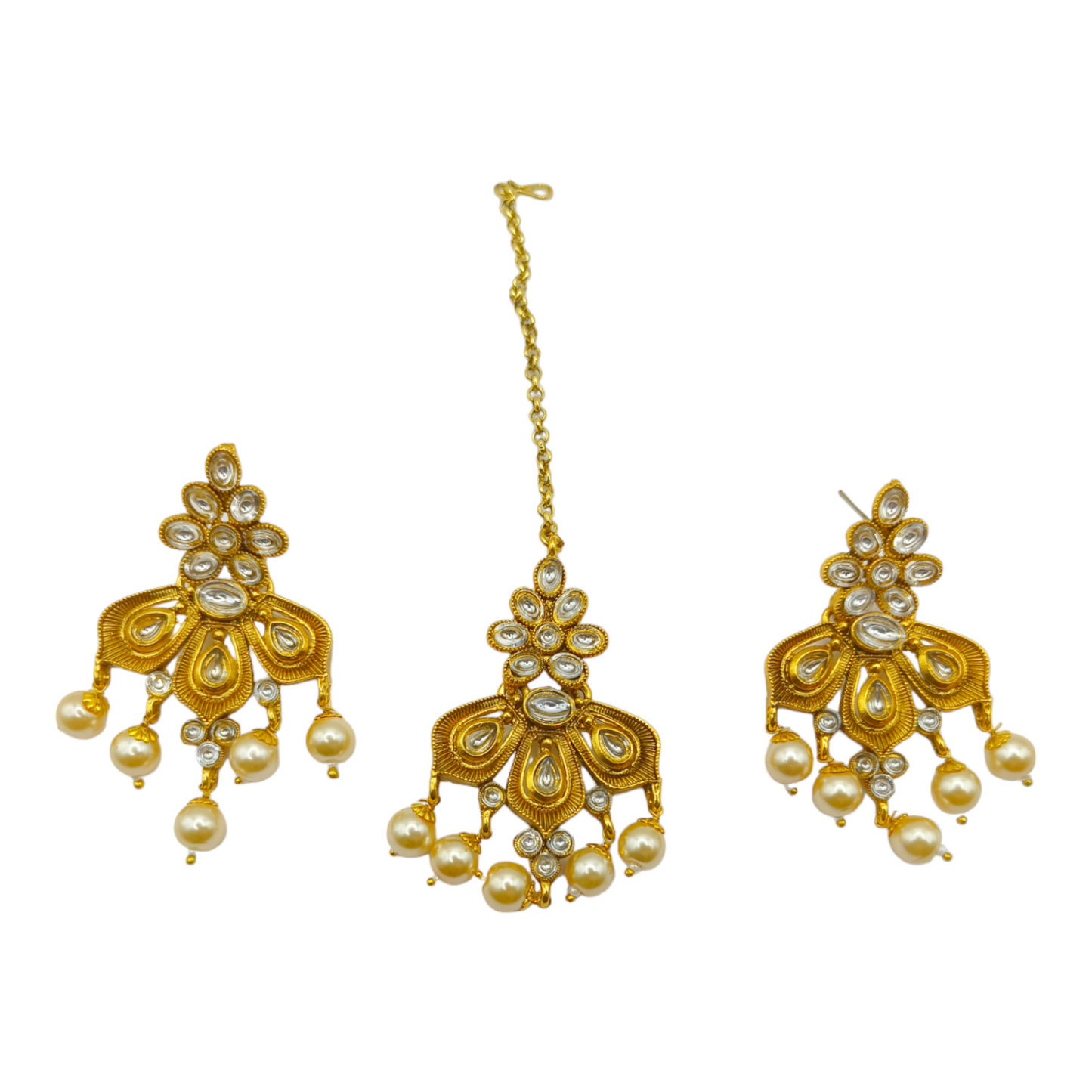 Golden Kundan Leaf Necklace Set with Pearl Drops
