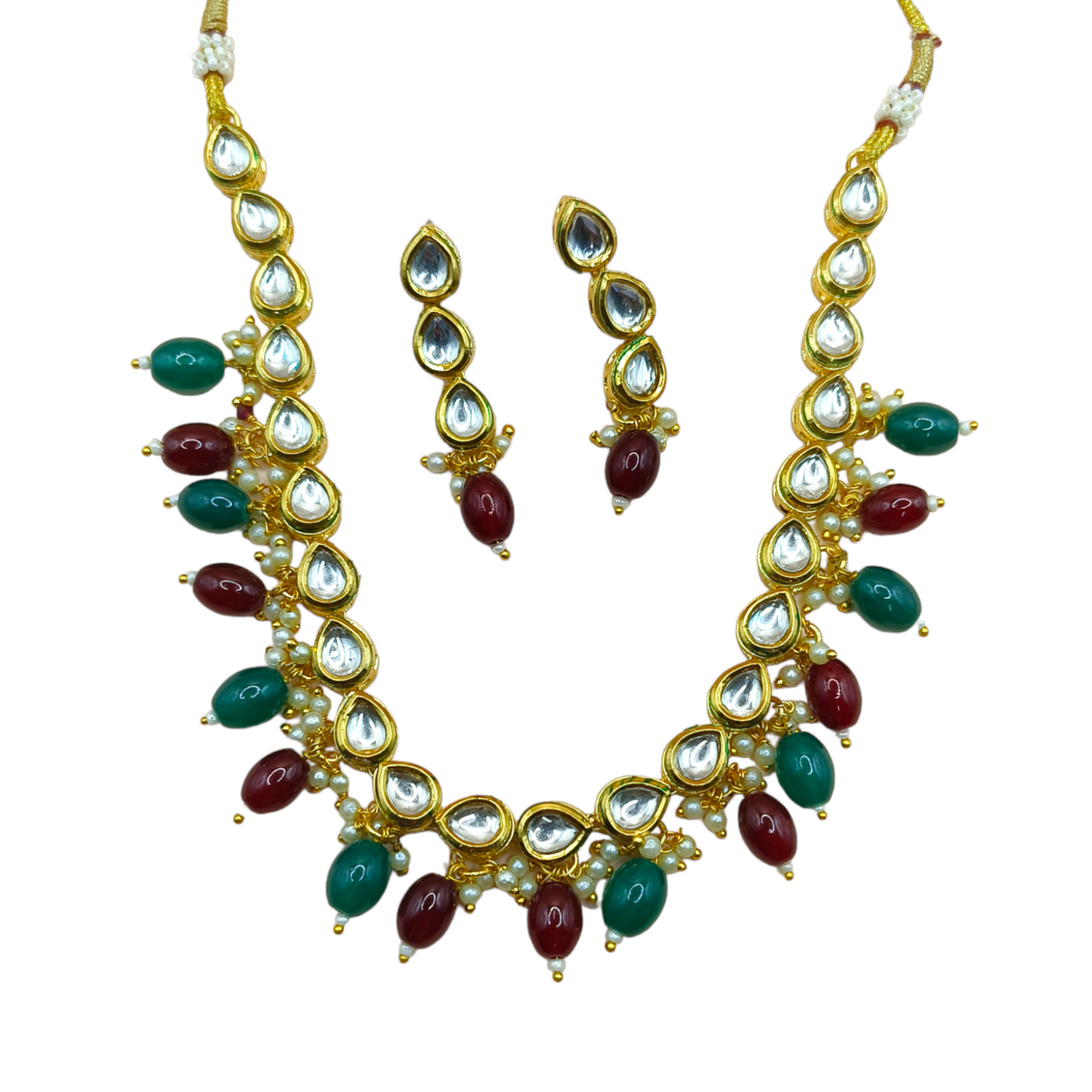 Royal Polki Kundan Necklace WITH GREEN MAHROON GEMSTONE