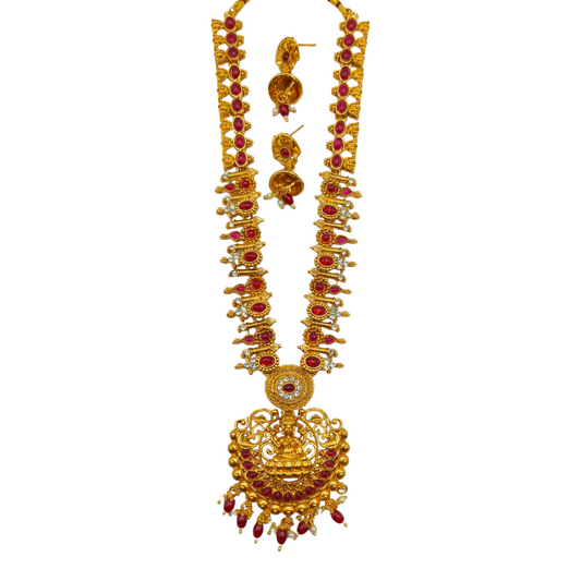 Temple Heritage Long Necklace Set with Ruby Stones & Gold Finish