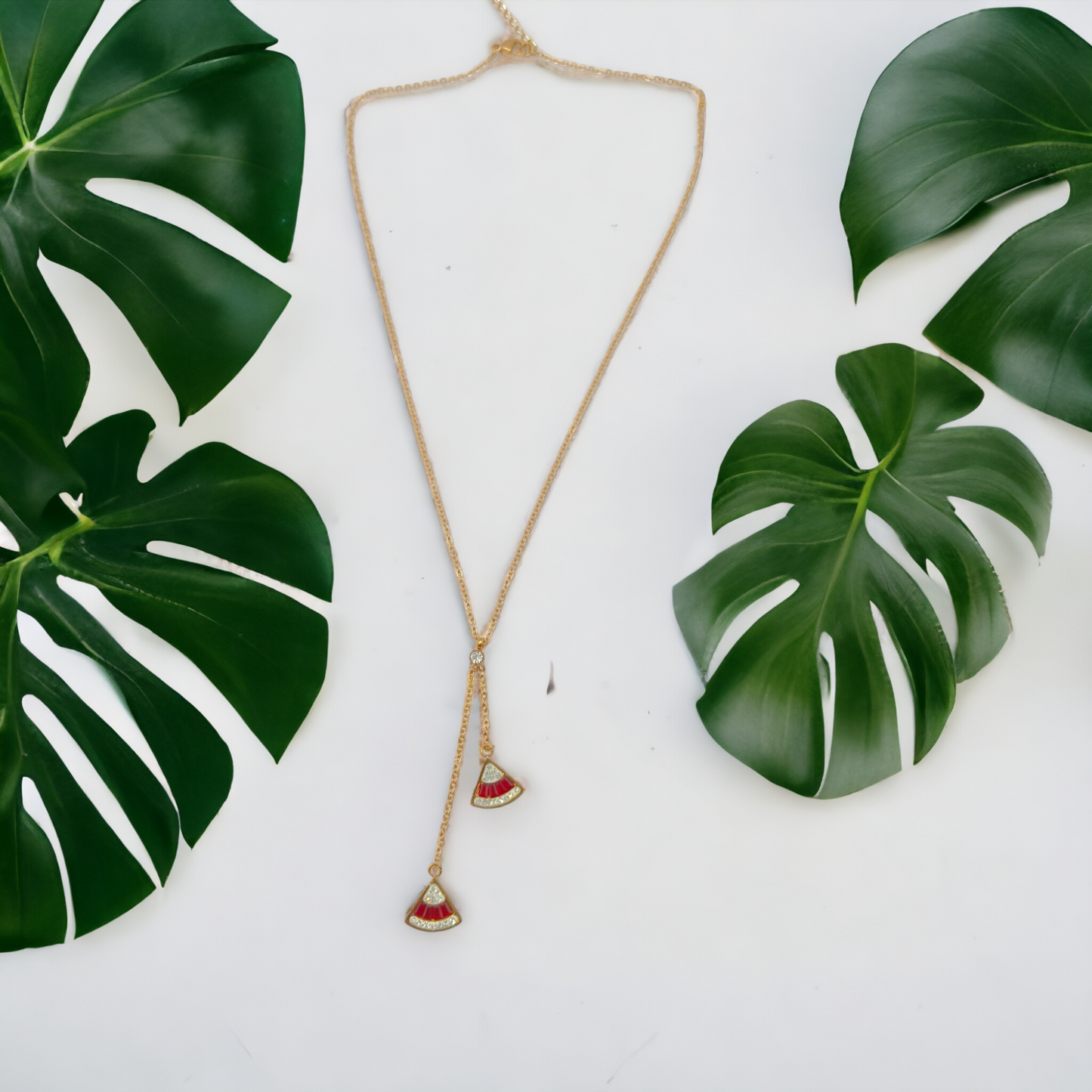 Gold Fan Pendant Layered Necklace with Red Enamel Detailing