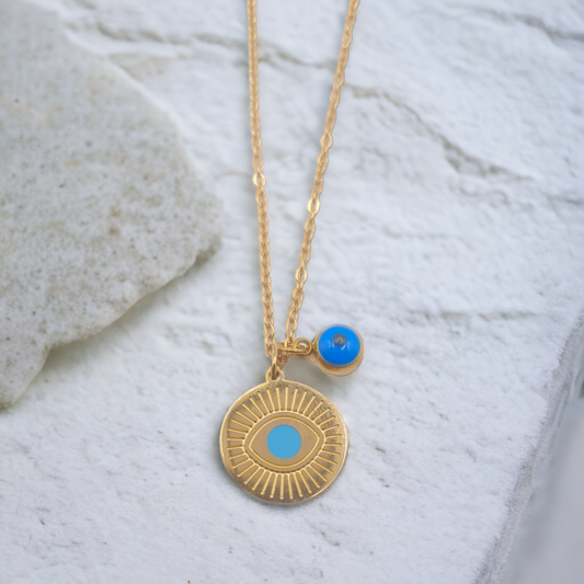 Gold Evil Eye Protection Necklace with Blue Enamel Charm