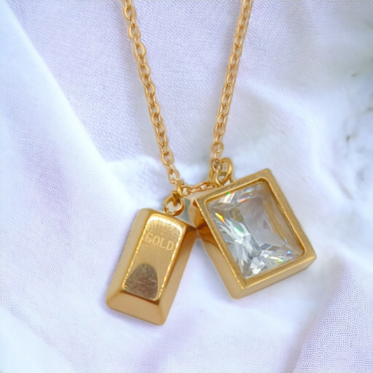 DUEL PENDENT NEACKLACE ( GOLD BRICK AND STONE)