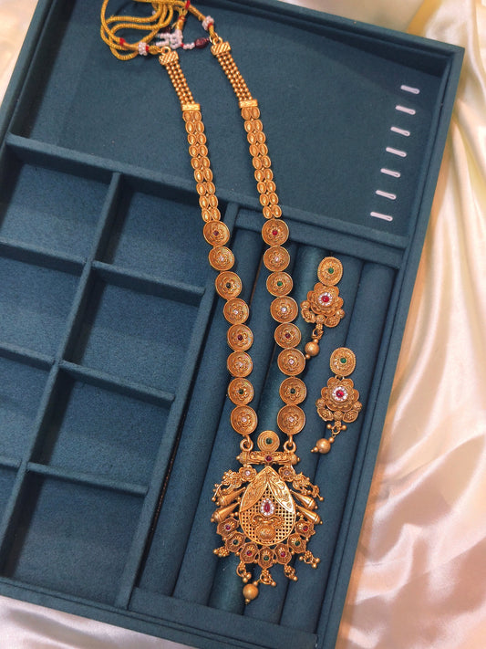 Antique Copper Temple Long Necklace with Earrings