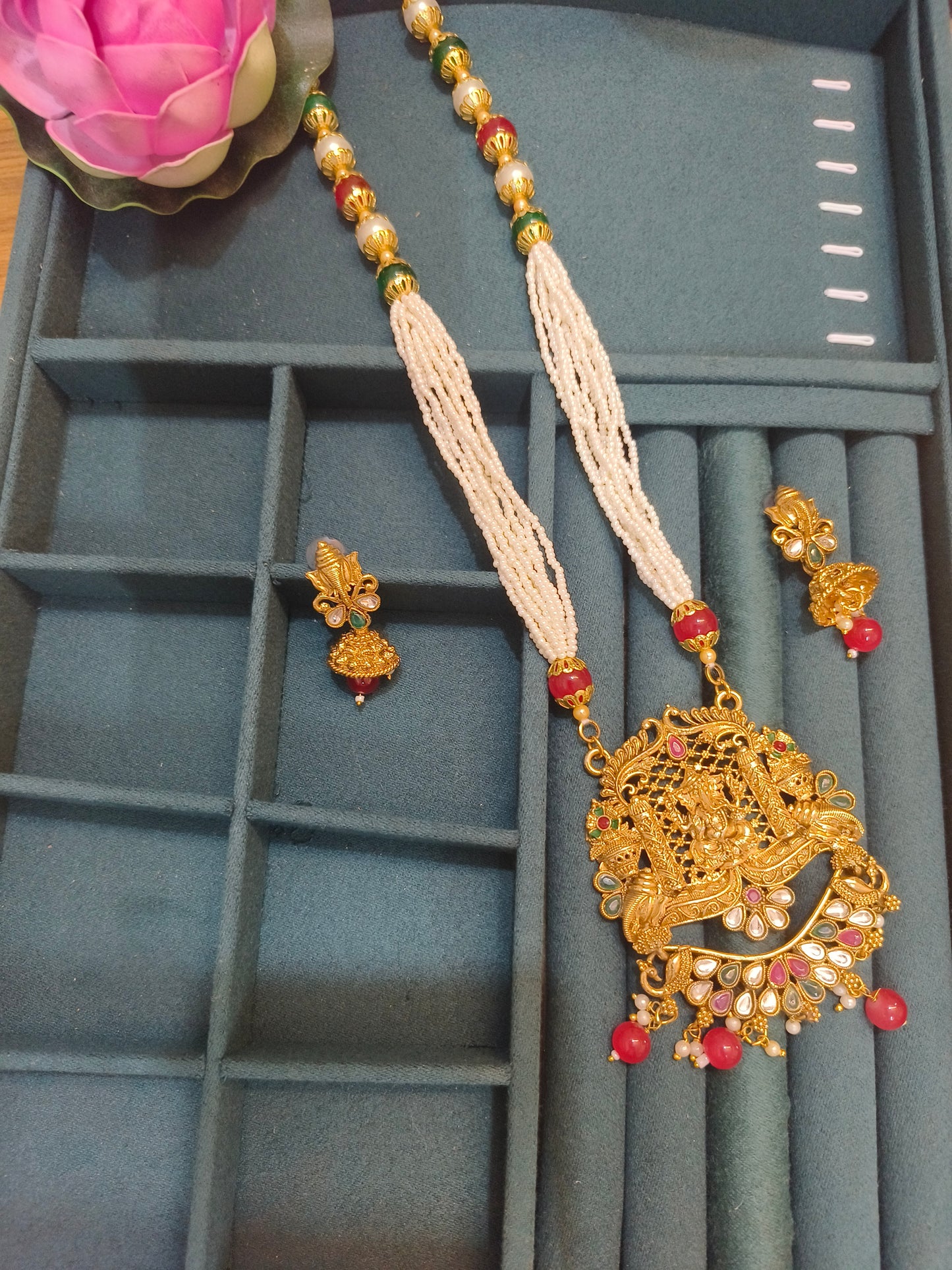 Ganpati Temple Necklace Set with Pearl Strings & Gold Finish