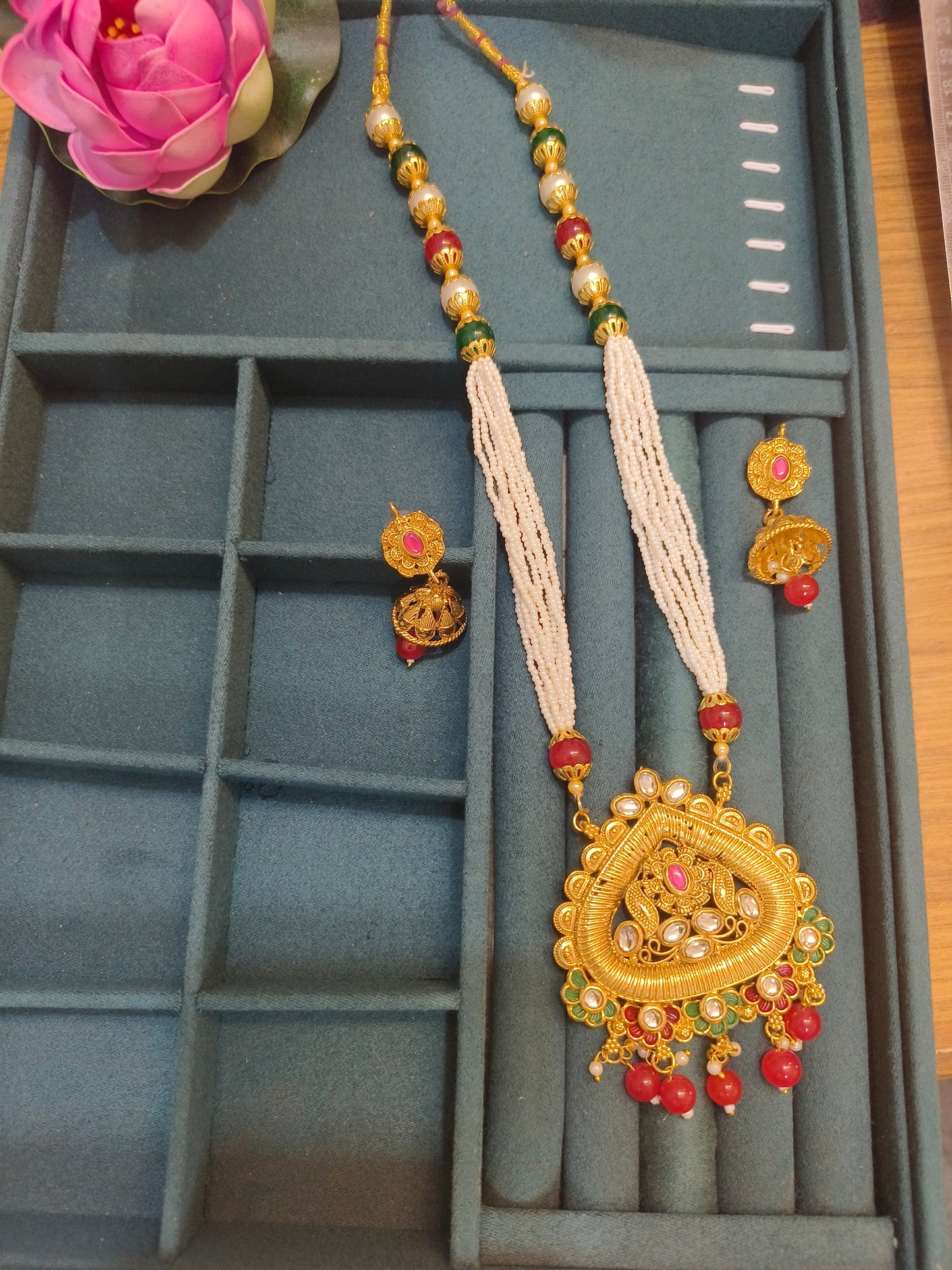 Traditional Long Temple Necklace Set with Pearl Strands & Red-Green Beads
