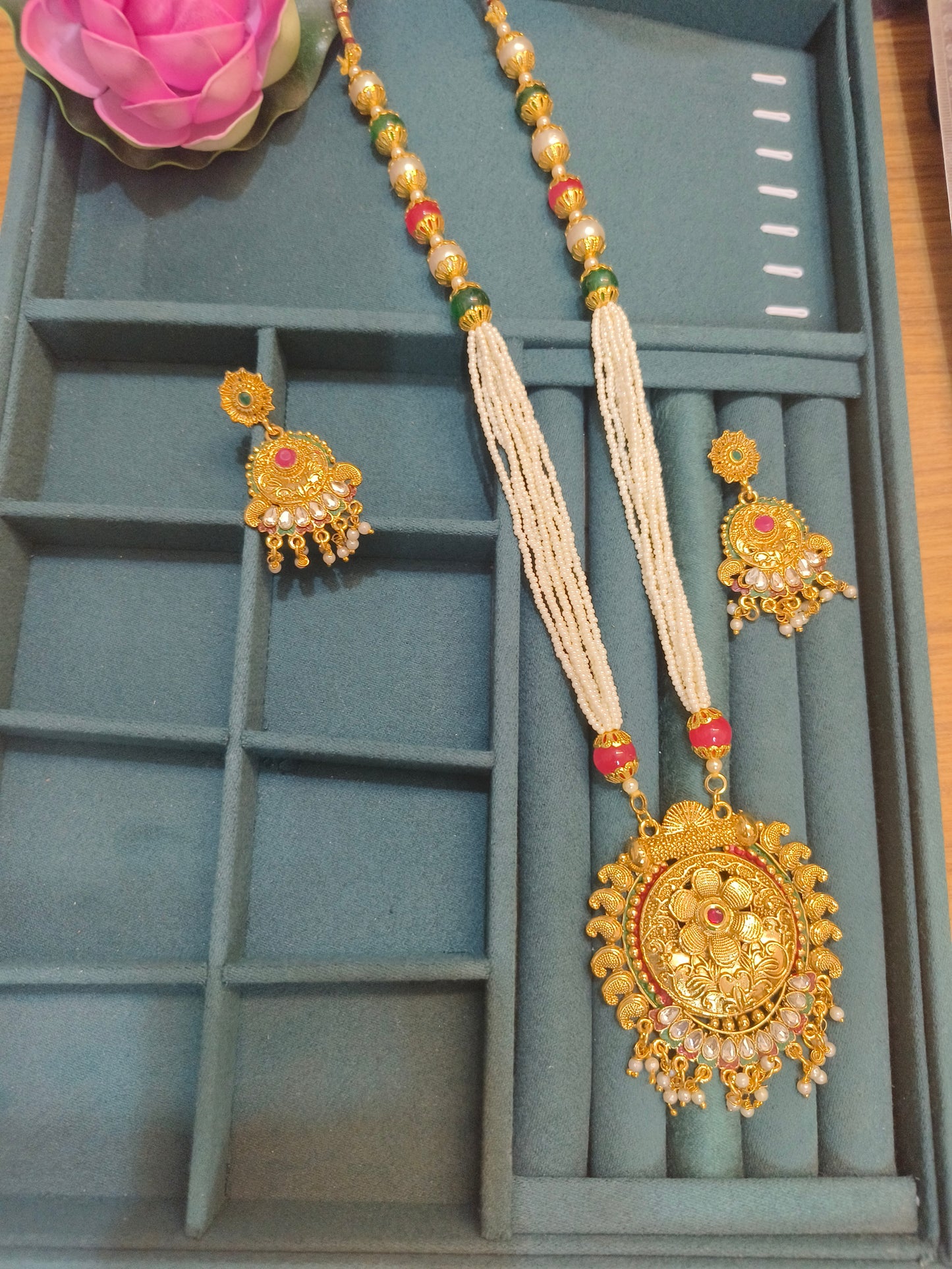 Traditional Long Temple Necklace Set with Pearl Strands & Red-Green Beads