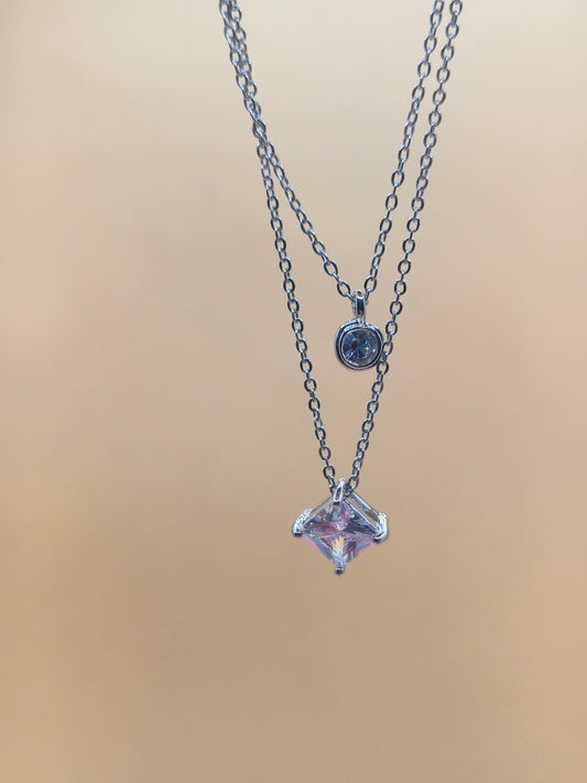 Silver Layered Necklace with Crystal Pendant