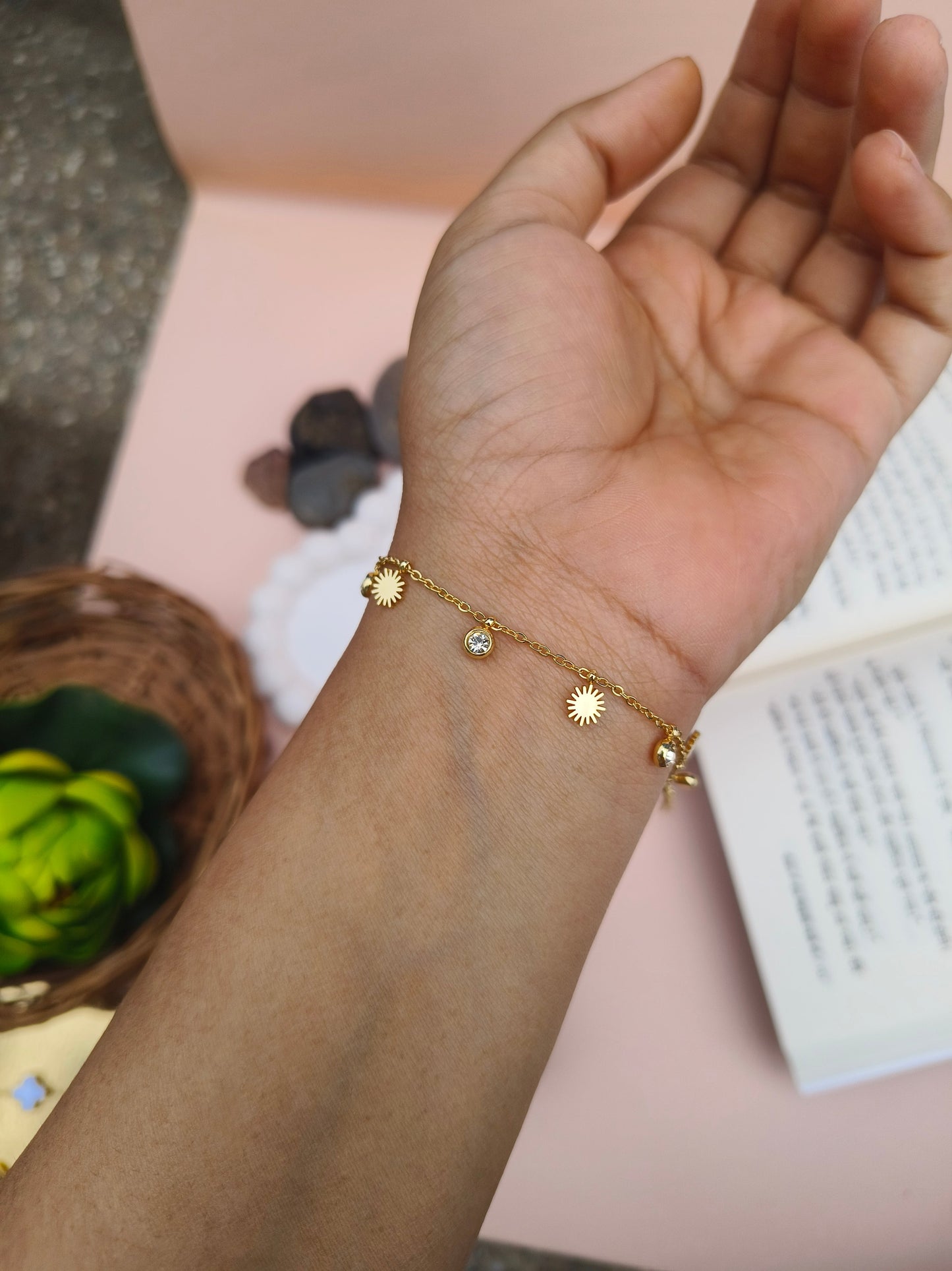 Delicate Gold Bracelet with Sun & Crystal Charms