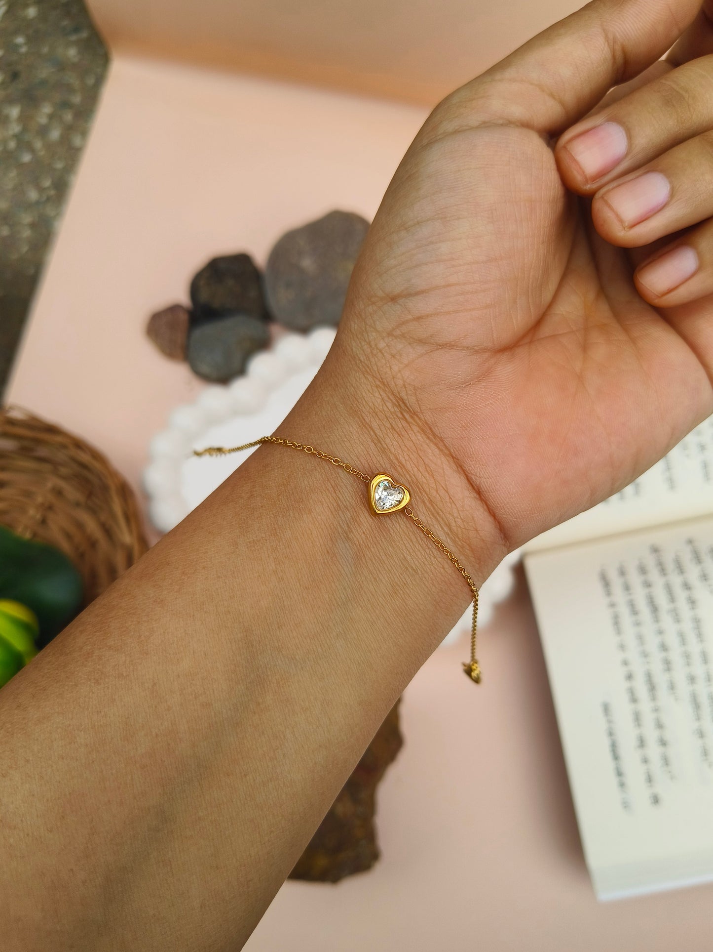 Minimal Gold Bracelet with Heart Charm & Crystal