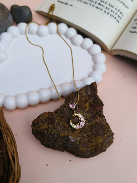 Stainless Steel Crescent Moon Pendant Necklace with Pink Heart Stone – Dainty Jewelry
