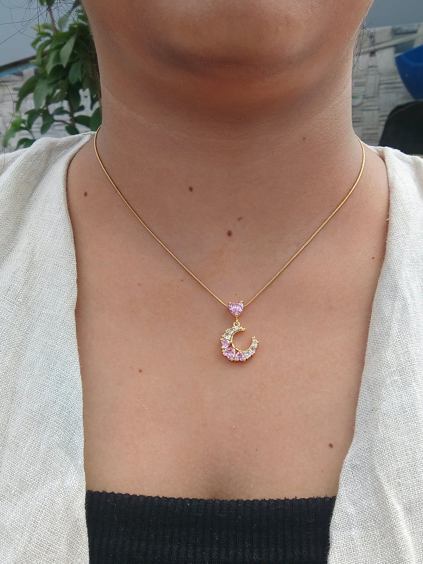 Stainless Steel Crescent Moon Pendant Necklace with Pink Heart Stone – Dainty Jewelry