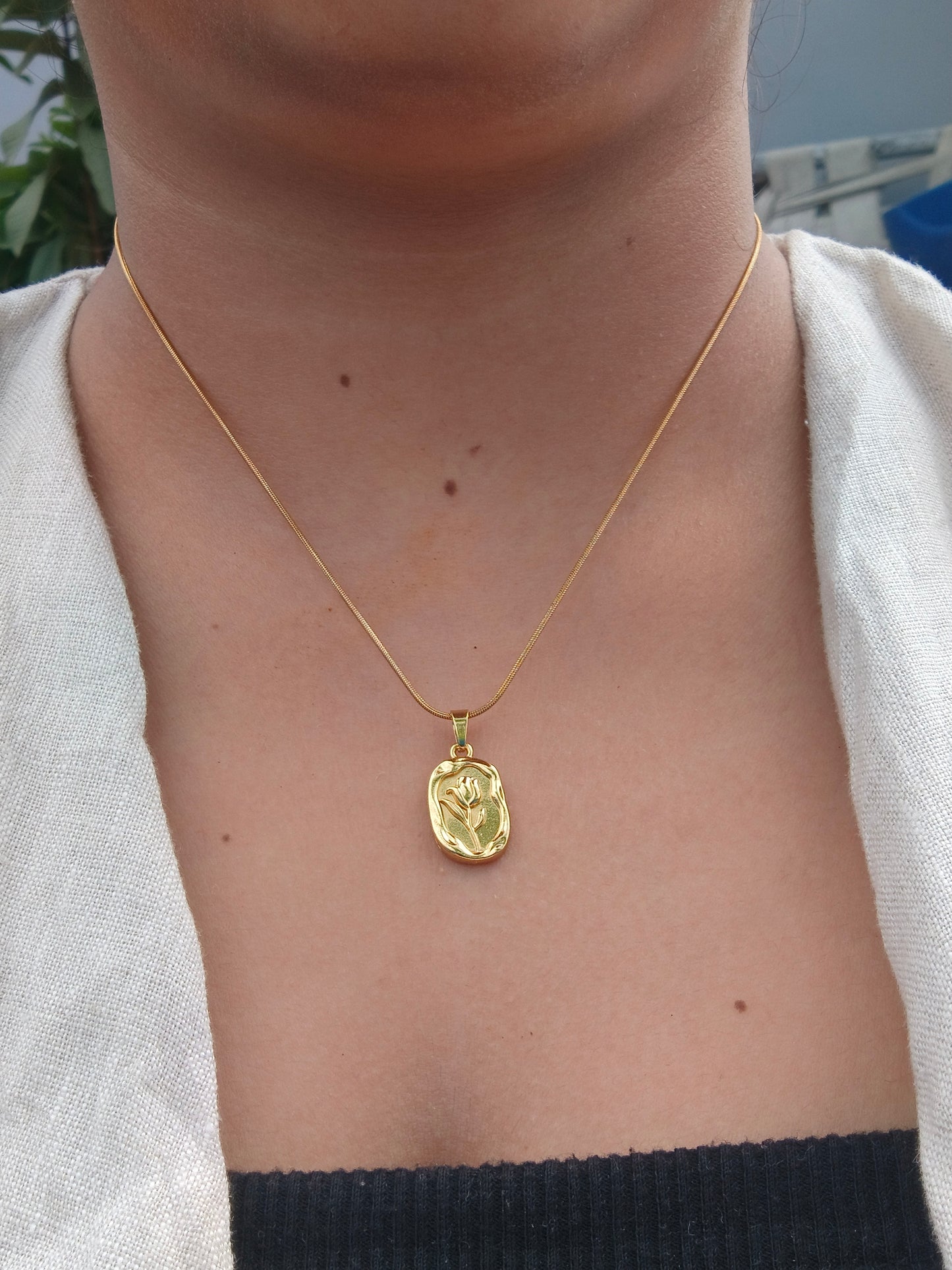 Stainless Steel Gold Engraved Floral Pendant Necklace – Minimalist Jewelry