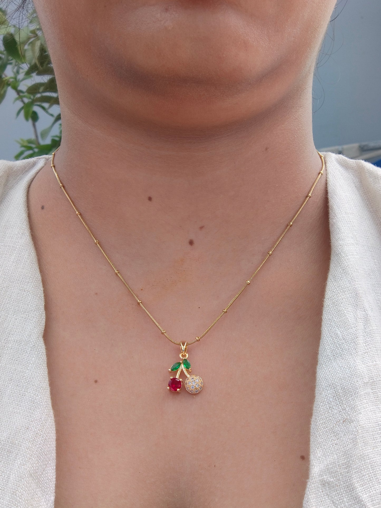 Stainless Steel Cherry Pendant Necklace with Red & Green Enamel