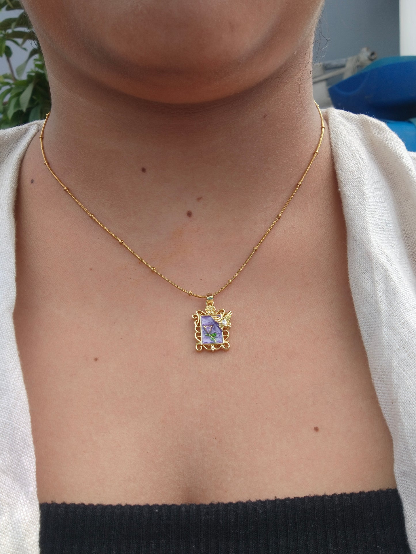 Stainless Steel Vintage Floral Frame Pendant Necklace – Purple Enamel