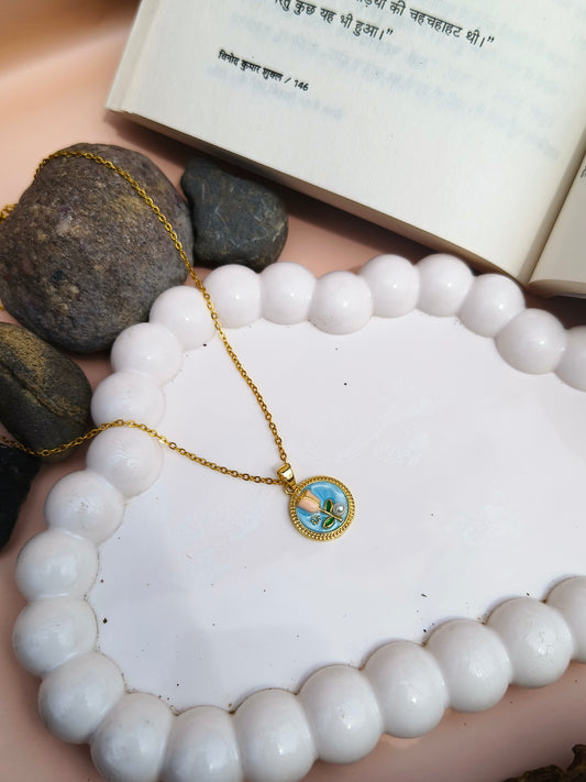 Stainless Steel Round Floral Pendant Necklace with Enamel & Crystal Accents