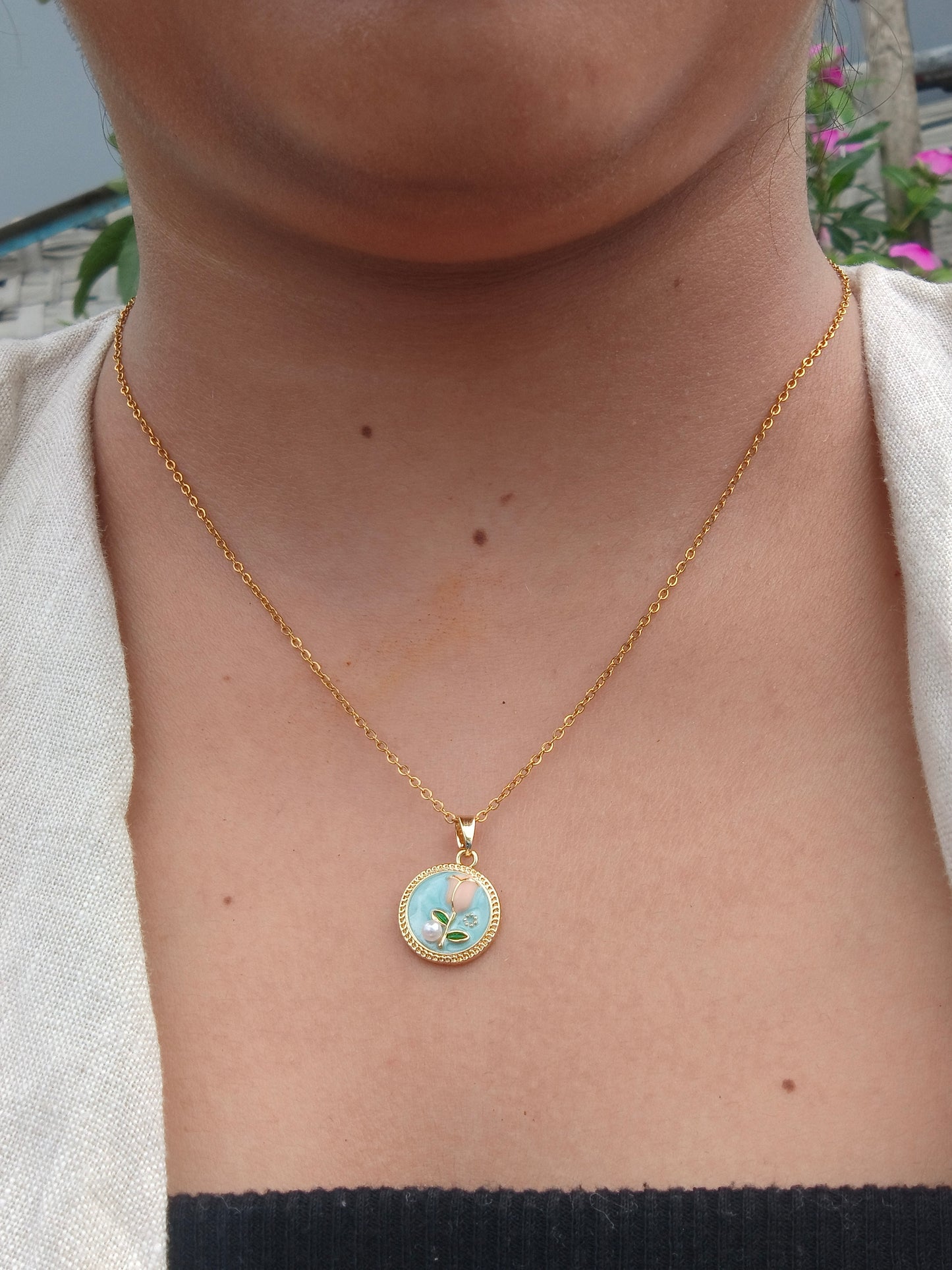 Stainless Steel Round Floral Pendant Necklace with Enamel & Crystal Accents