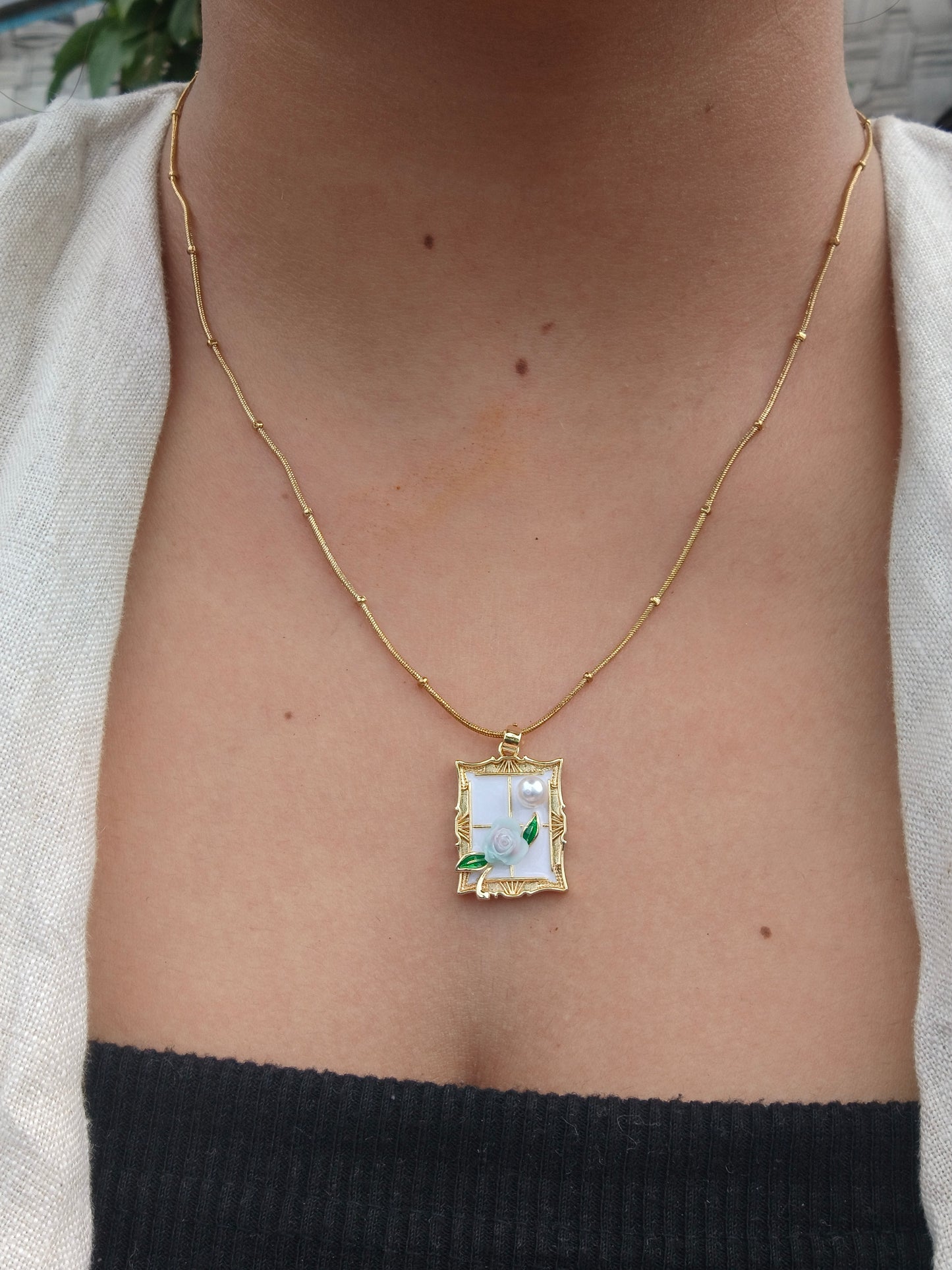 Stainless Steel Floral Frame Pendant Necklace with Pearl & Rose Detail