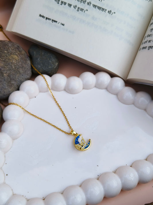Stainless Steel Moon & Butterfly Pendant Necklace in Blue Enamel
