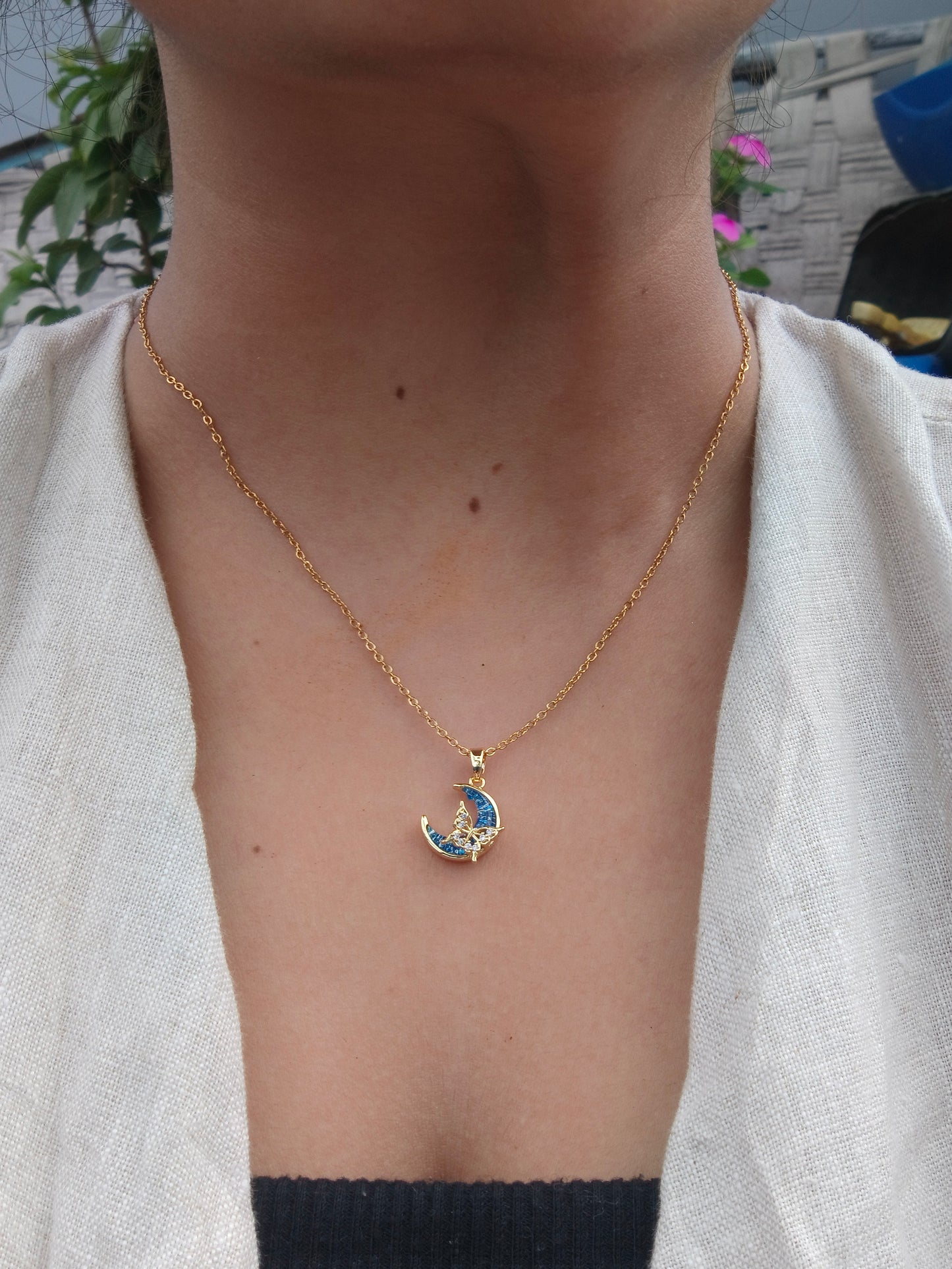 Stainless Steel Moon & Butterfly Pendant Necklace in Blue Enamel