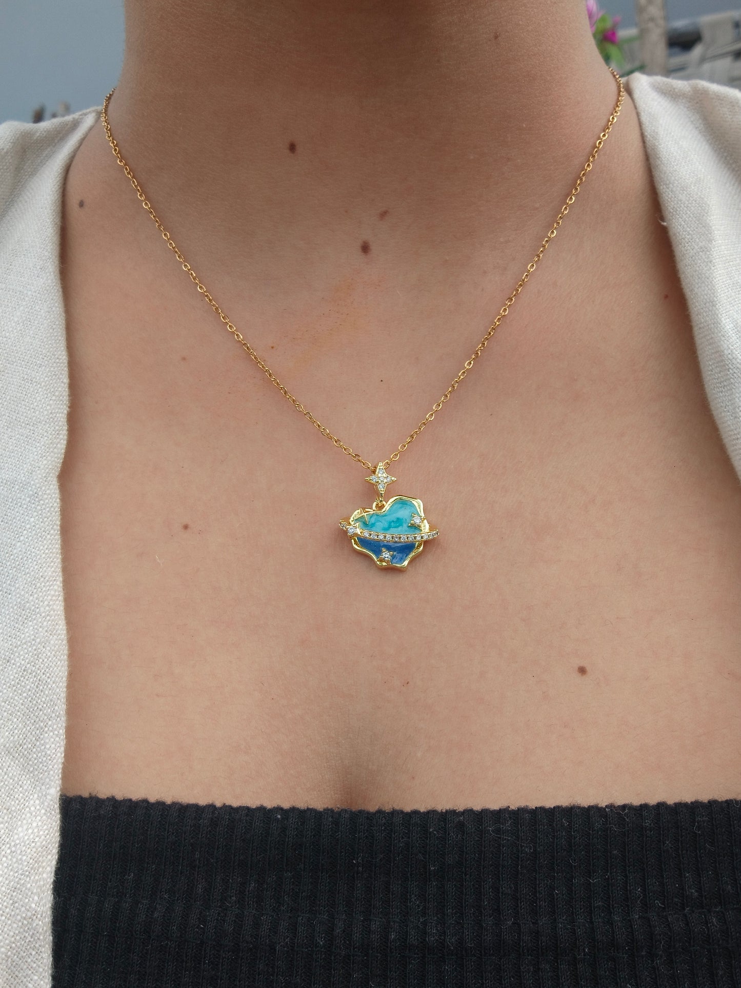 Stainless Steel Blue Heart Pendant Necklace with Star & Crystal Accents