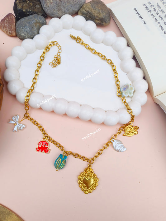 Gold Plated Charm Necklace for Women | Heart & Nature Charms Statement Chain | Anti Tarnish Fashion Jewelry