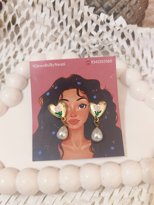 Golden Heart Floral Stud Earrings with Dangling Pearl Drop | Elegant Everyday Jewelry