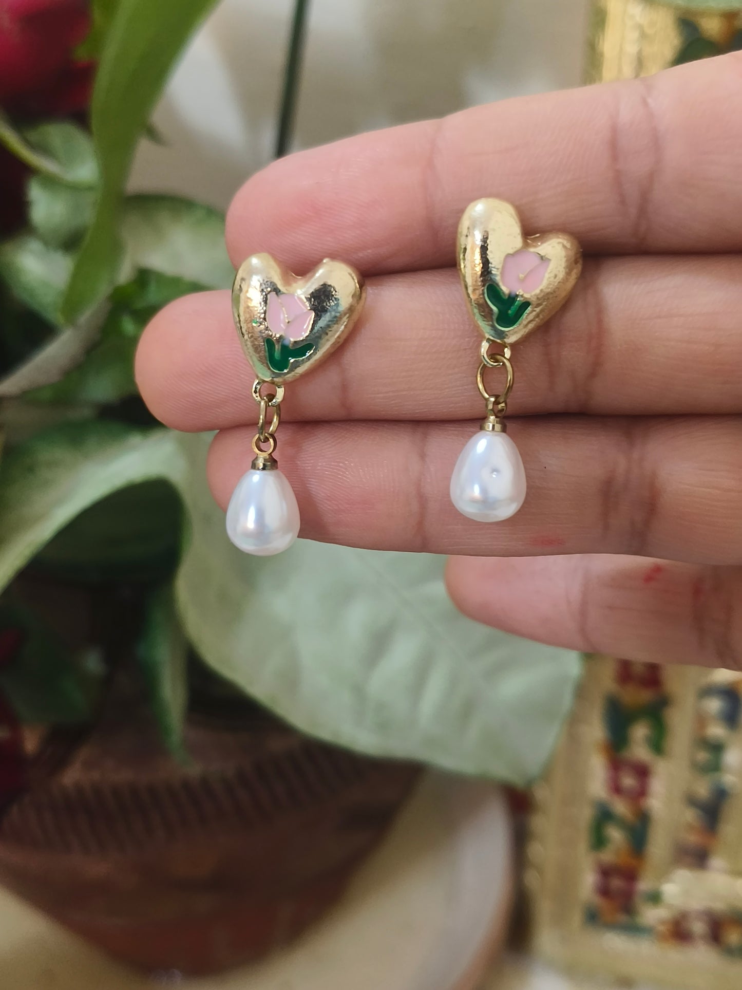 Golden Heart Floral Stud Earrings with Dangling Pearl Drop | Elegant Everyday Jewelry