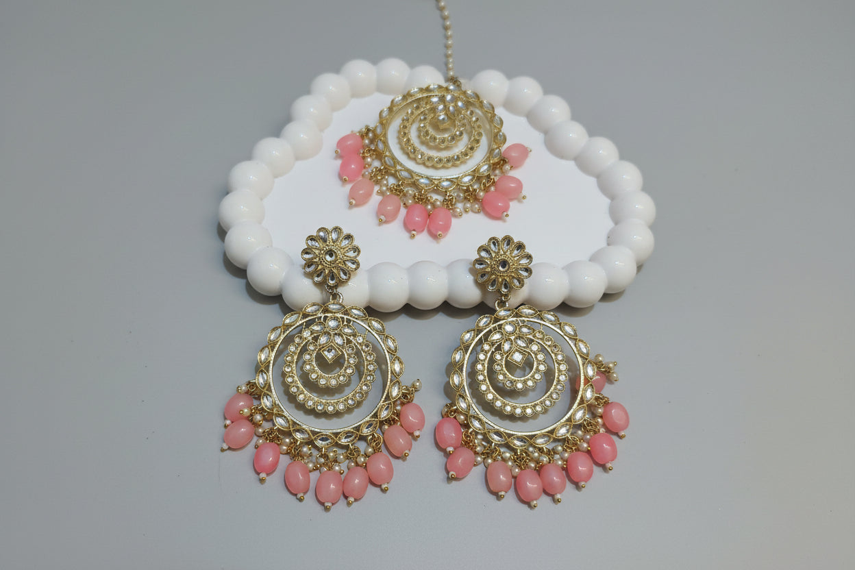Royal Kundan Chandbali Earring & Maangtika Set with Pink Beads