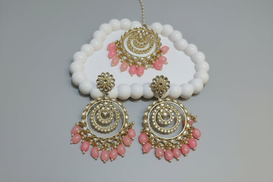 Royal Kundan Chandbali Earring & Maangtika Set with Pink Beads