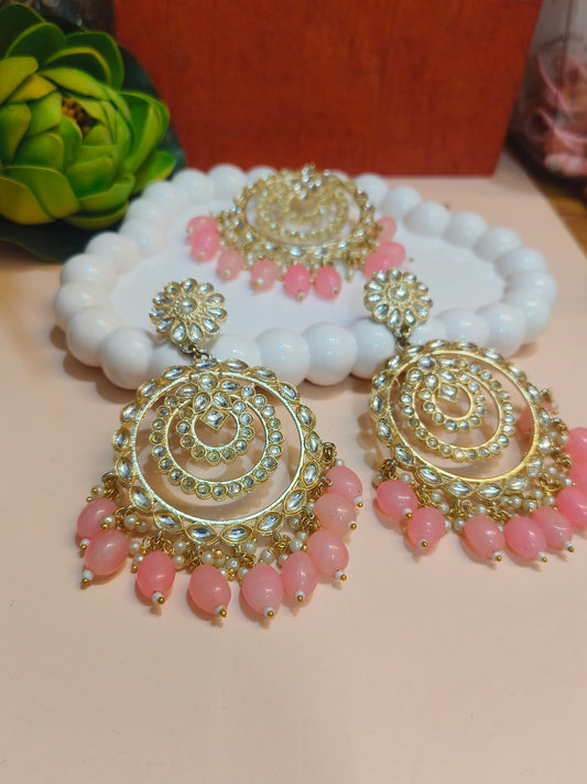 Royal Kundan Chandbali Earring & Maangtika Set with Pink Beads