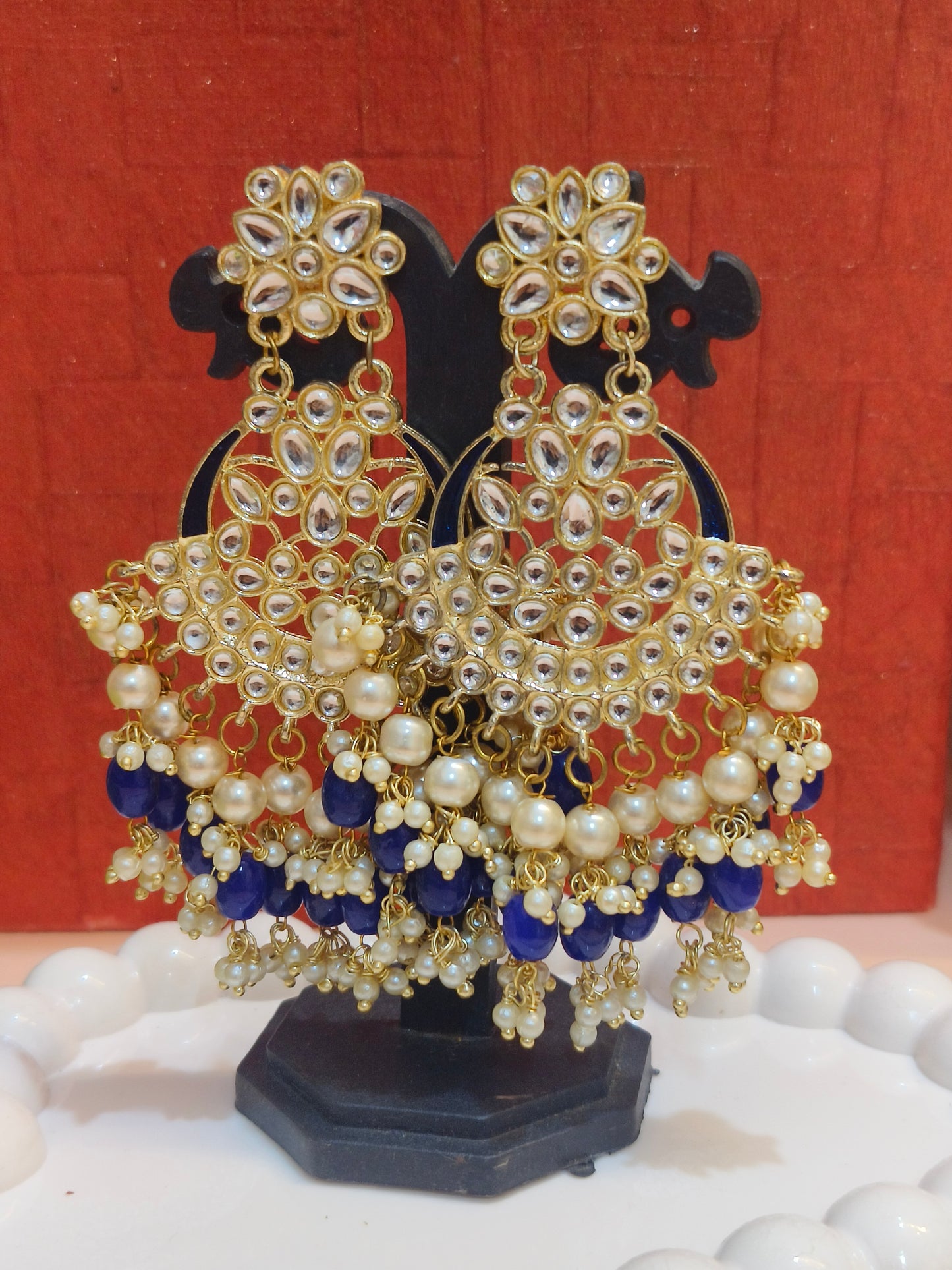 Royal Blue Kundan & Pearl Chandbali Earrings