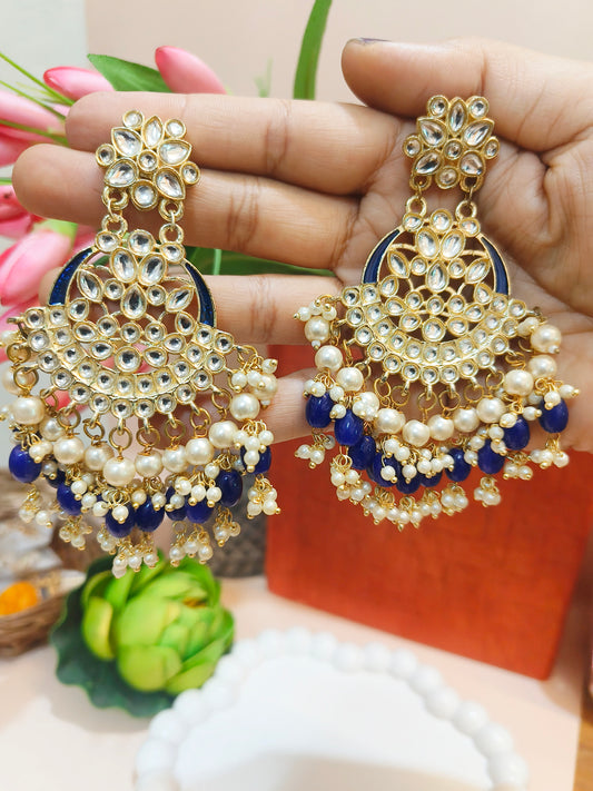 Royal Blue Kundan & Pearl Chandbali Earrings